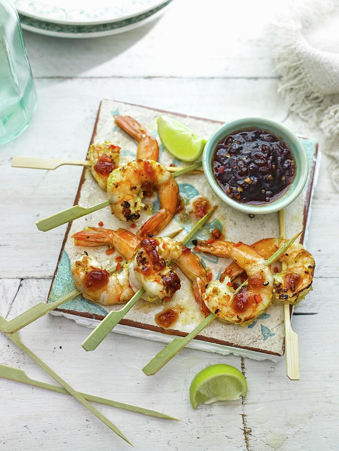Grilled Prawns Marinated With Lime, Ginger And Garlic With Home Made Sweet Chilli Sauce, Photograph by Dan Jones