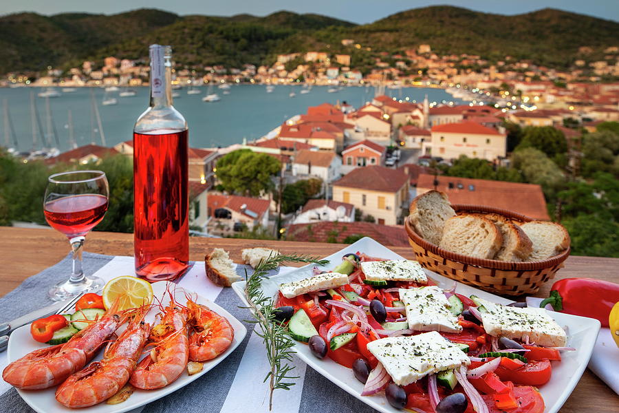 Grilled Prawns, Wine, Greek Salad With Feta, Vathi, Island Of Ithaca, Ionian Islands, Greece Digital Art by Reinhard Schmid
