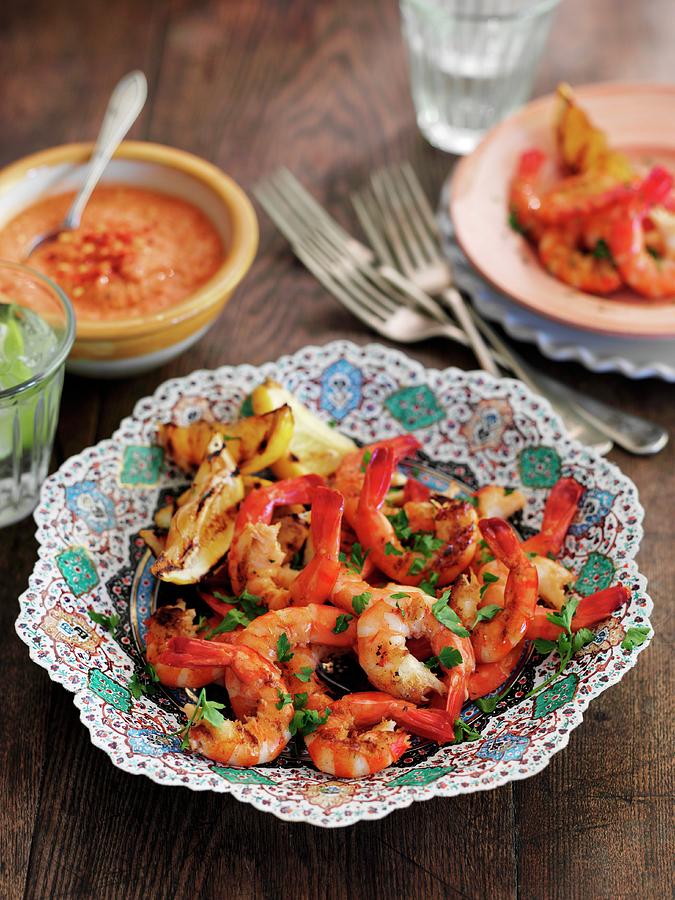 Grilled Prawns With A Romesco Broccoli Sauce Photograph by Gareth Morgans