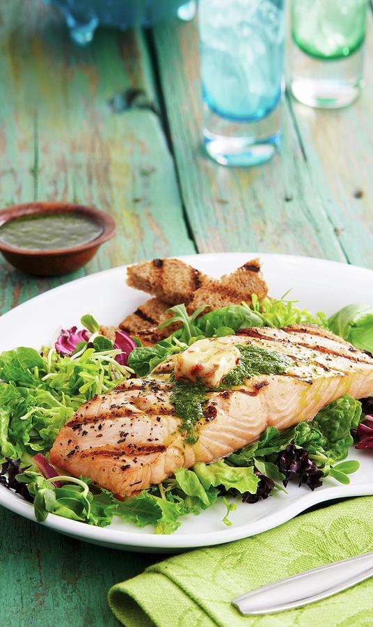 Grilled Salmon Fillet With Chimichurry Sauce On A Bed Of Salad Leaves Photograph by Dv Foodstudio