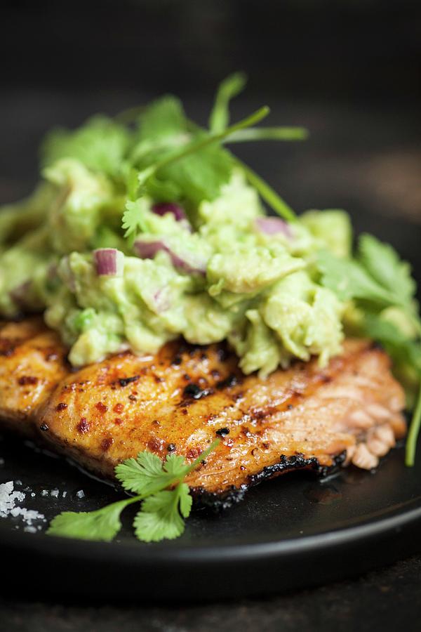 Grilled Salmon With Avocado Cream And Coriander Photograph by Eising Studio