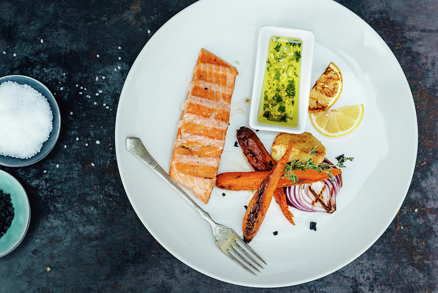 Grilled Salmon With Grilled Carrot And Sour Dip Photograph by Visnja Sesum