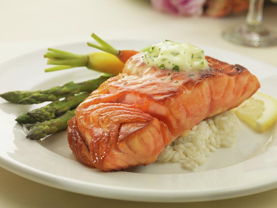 Grilled Salmon With Rice And Spring Vegetables Photograph by Jim Scherer