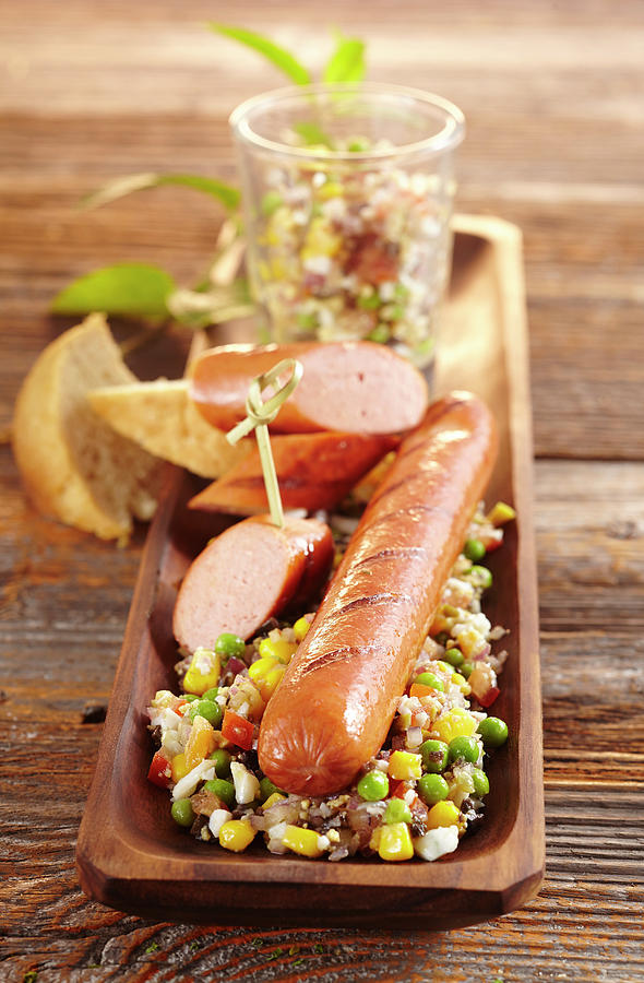 Grilled Sausage With Sweetcorn And Pea Relish On A Wooden Tray Photograph by Teubner Foodfoto