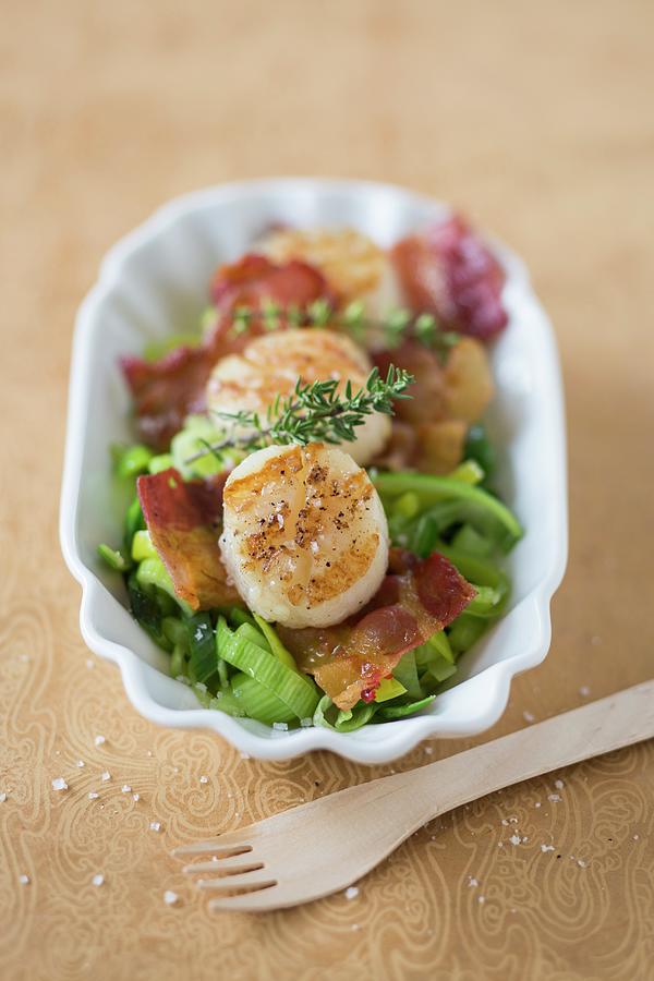 Grilled Scallops With Bacon On A Leek Medley low Carb Photograph by Jan Wischnewski
