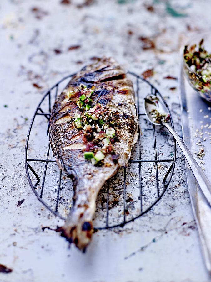 Grilled Sea Bream, Seaweed And Cucumber Condiment Photograph by Amiel