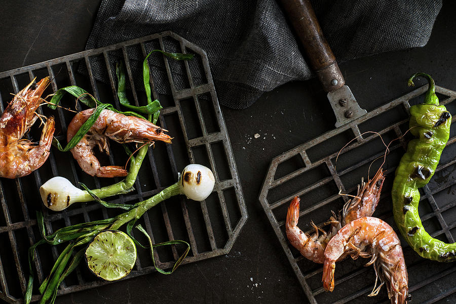 Grilled Shrimp And Onions With Chile Pepper And Lime Served On Small Grill Grates Photograph by Justin B. Paris