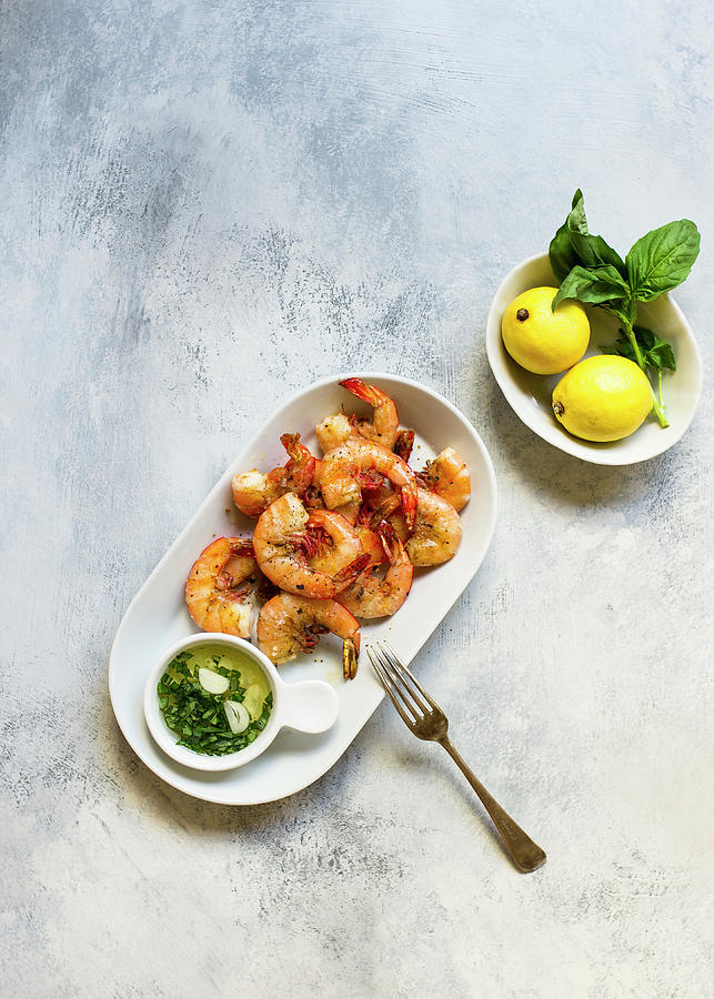 Grilled Shrimps With A Basil Dip On A Platter Photograph by Lisa Rees