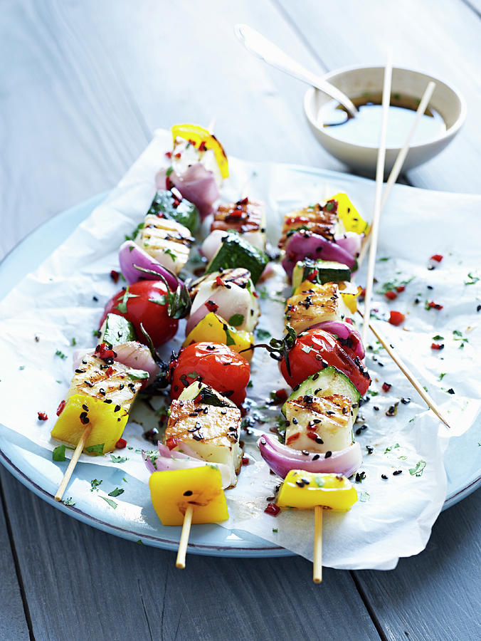 Grilled Skewers With Haloumi And Vegetables Photograph by Oliver Brachat
