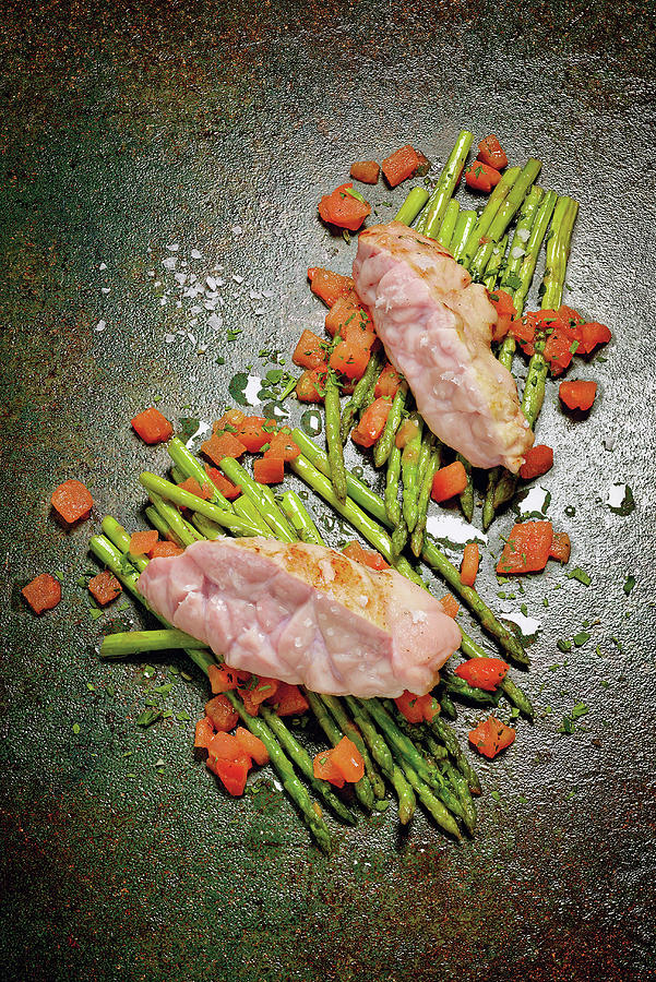 Grilled Sweetbreads With Thai Asparagus And Tomato Vinaigrette Photograph by Torri Tre