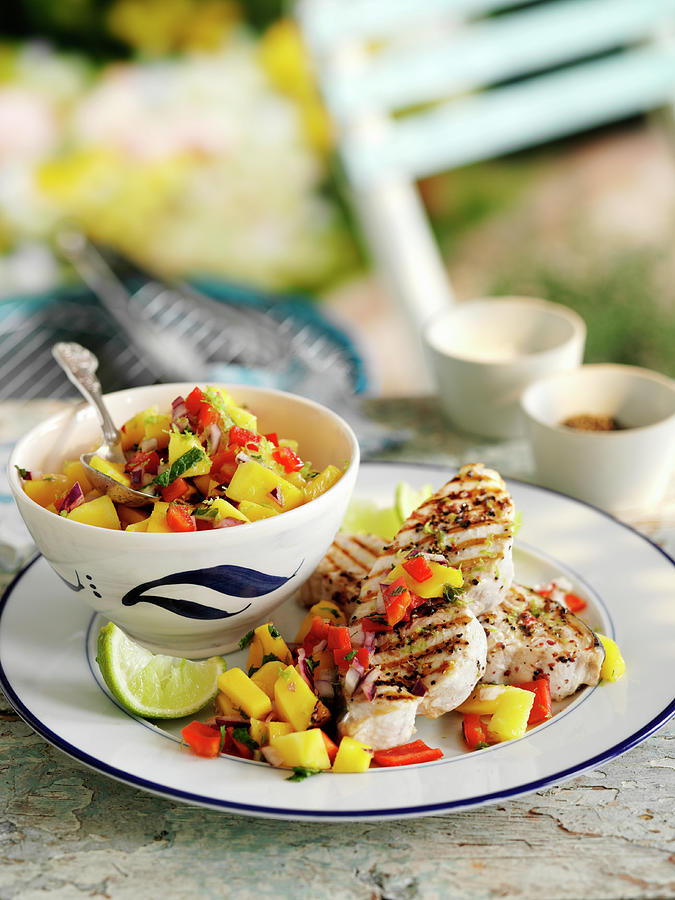 Grilled Swordfish Steaks With Red Pepper And Mango Salsa Photograph by Gareth Morgans