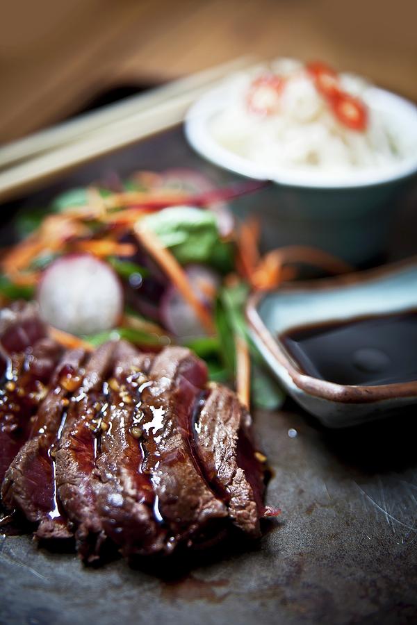 Grilled Teriyaki Rib-eye Steak With Udon Noodles And Dashi japan Photograph by George Blomfield