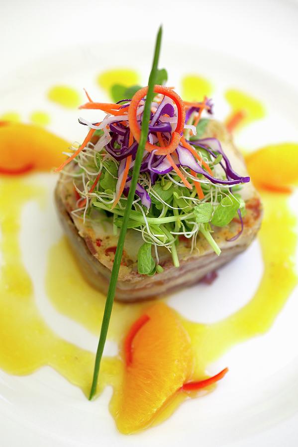 Grilled Tuna Steak With Edible Shoots And A Fruity Sauce Photograph by ...