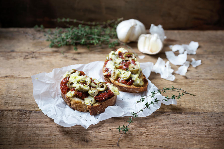 Grilled Vegan Bread With Dried Tomatoes, Olives And Thyme Gratinated With Cheese Substitute Photograph by Kati Neudert