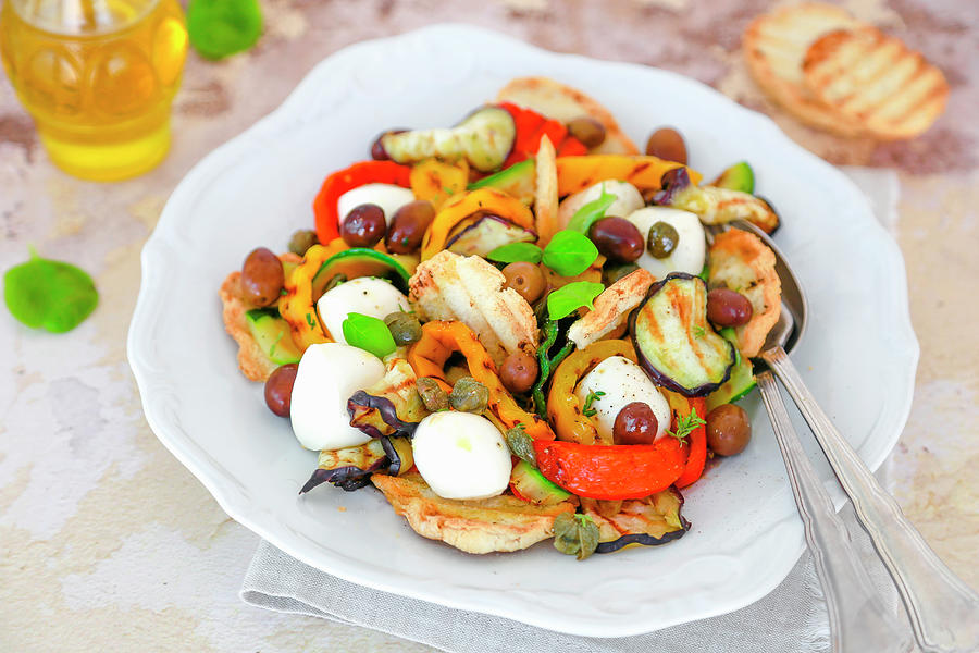 Grilled Vegetable Salad With Olives Capers And Small Fresh Mozzarella Photograph by Claudia Gargioni