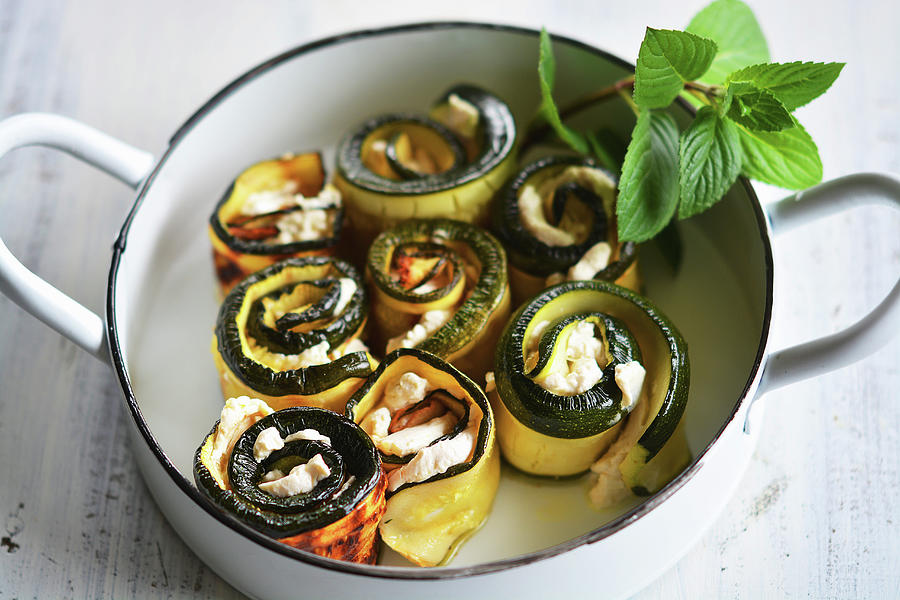 Grilled Zucchini Rolls With Vegan Almond Cream And Fresh Mint Photograph by Mariola Streim