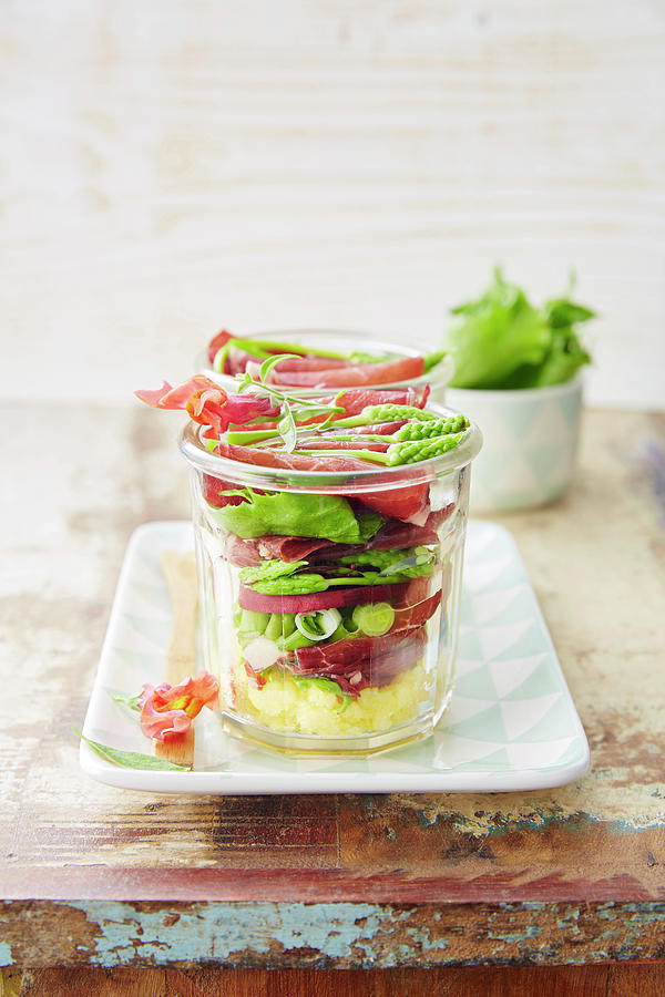 Grisons Meat, Green Asparagus, Beetroot And Polenta Salad Jar Photograph by Chez Elles