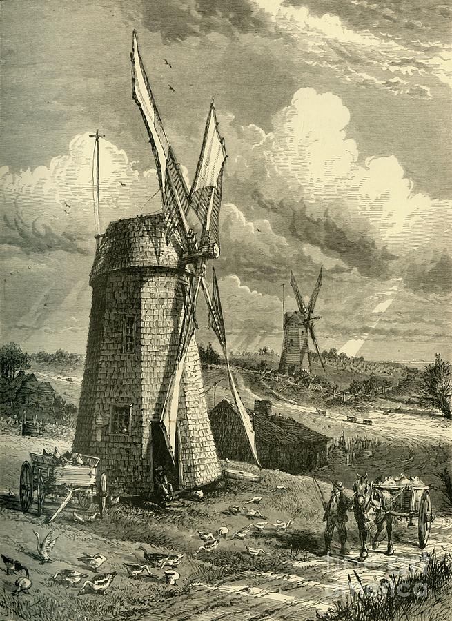 Grist Wind-mills At East Hampton Drawing by Print Collector