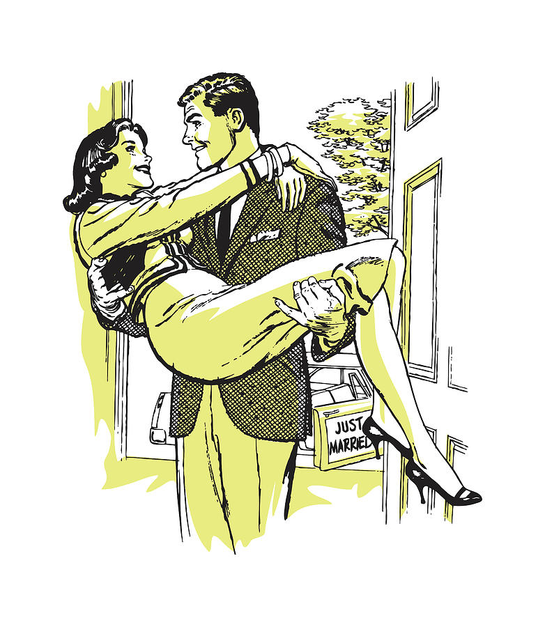 Vintage Drawing - Groom Carrying New Bride Over Threshold by CSA Images