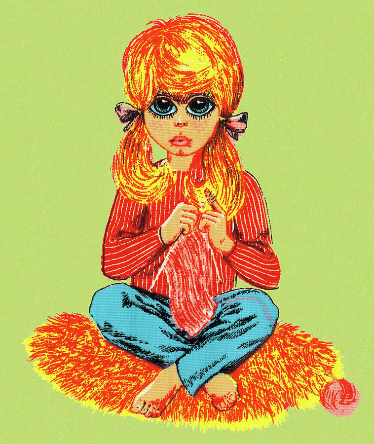 Vintage Drawing - Groovy Girl Knitting by CSA Images