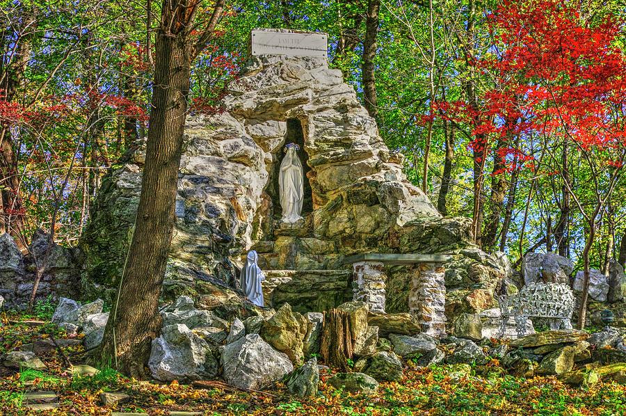 Grotto of Lourdes No. 1 at Saint Peter the Apostle Catholic Church - Libertytown, Maryland - Autumn Photograph by Michael Mazaika