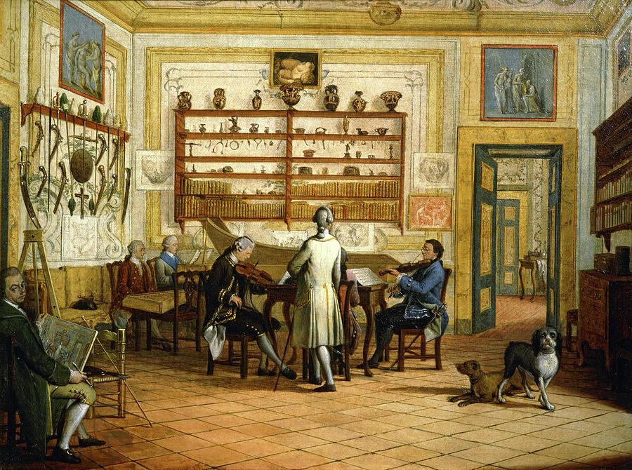 Group of musicians playing in appartment in Naples of Lord Fortrose, watercolour, XVIIIth century. Painting by Pietro Fabris -fl 1740-1792-