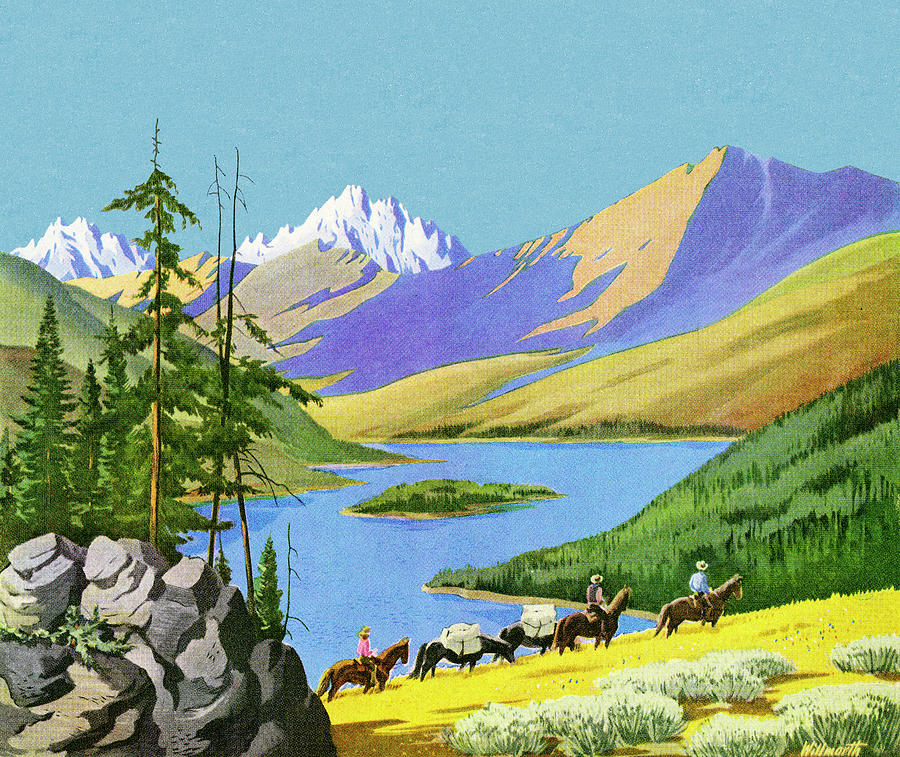 Nature Drawing - Group on Horseback in the Mountains by CSA Images