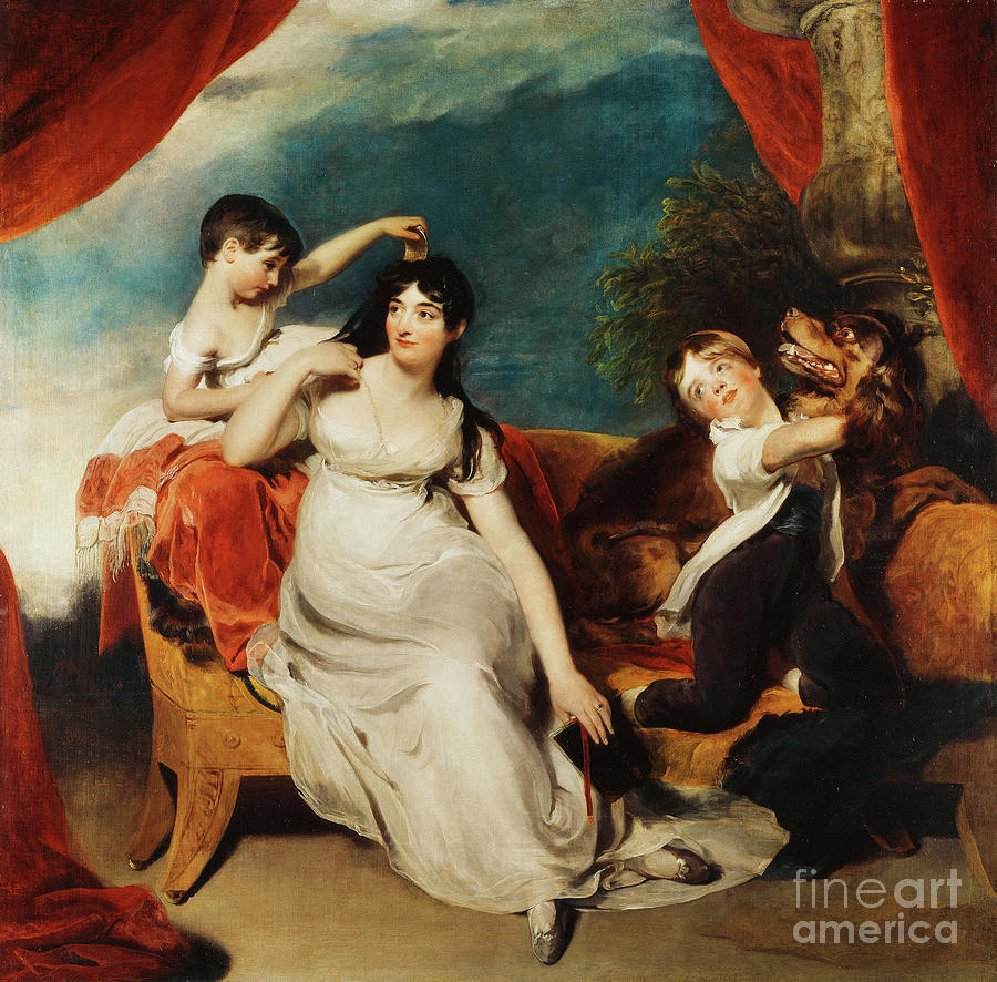 Group Portrait Of Mrs Henry Baring And Two Of Her Children And A Large Dog, A Landscape Beyond, C.1817-1824 Painting by Thomas Lawrence