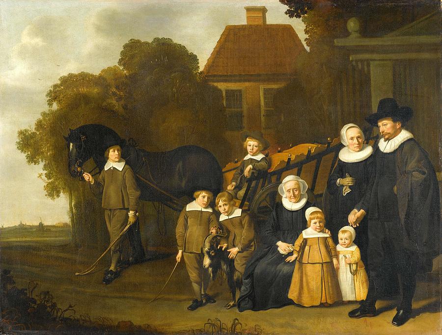 Group Portrait of the Meebeeck Cruywagen Family at the Gate of their Country Home on the Uitweg n... Painting by Jacob van Loo -attributed to-