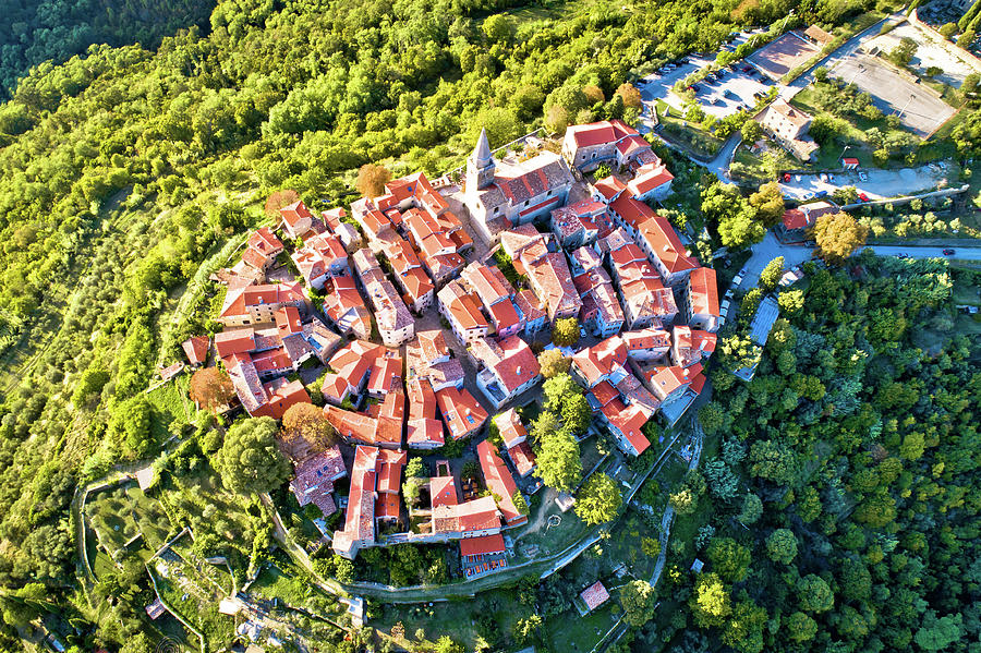 Groznjan. Ancient hill village of Groznjan aerial panoramic view Photograph by Brch Photography