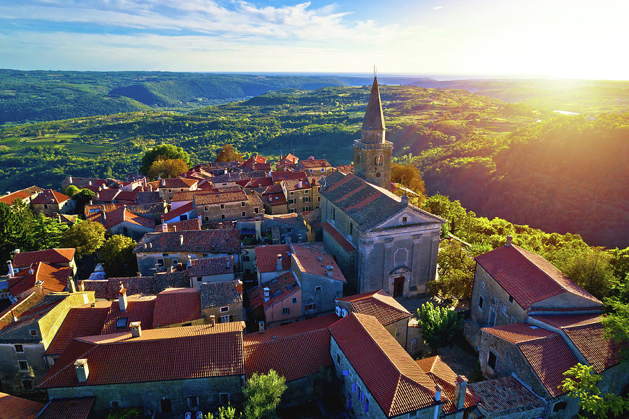 Groznjan. Ancient hill village of Groznjan at sunset aerial view Photograph by Brch Photography