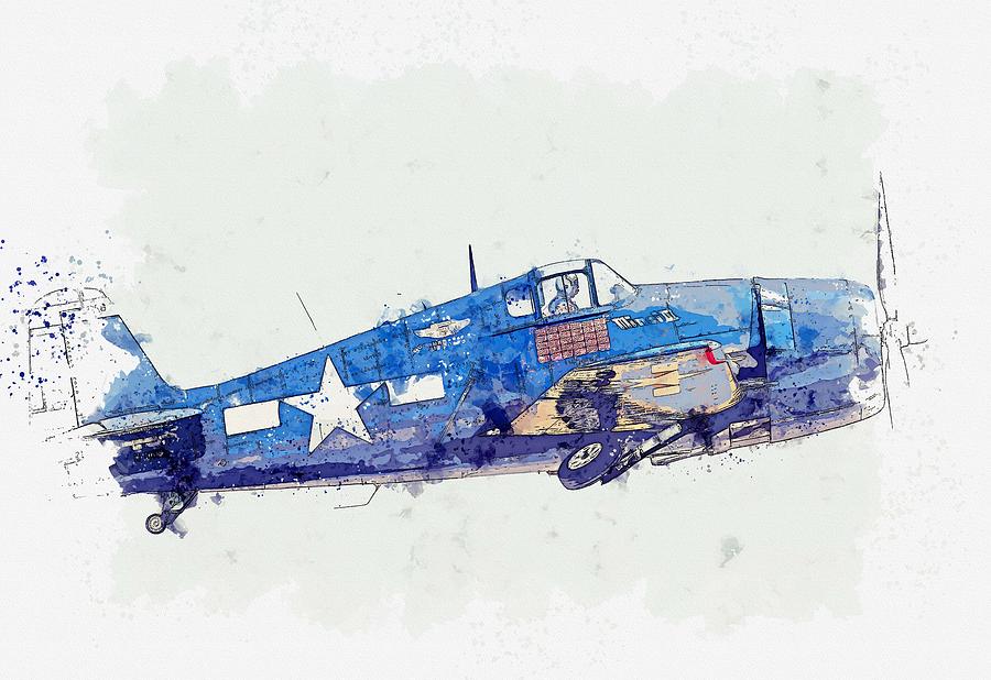 Transportation Painting - Grumman F6F Hellcat American carrier-based fighter aircraft of World War II watercolor by Ahmet Asar by Celestial Images