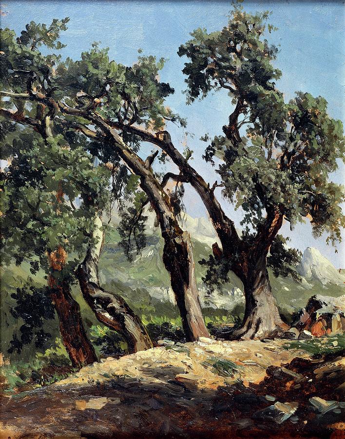 Grupo de robles -Picos de Europa-, ca. 1874, Spanish School, Paper, 41 cm x 3... Painting by Carlos de Haes -1829-1898-