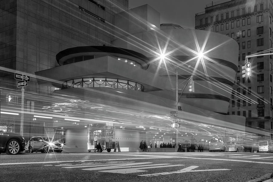 Guggenheim Museum NYC Light Streaks BW Photograph by Susan Candelario