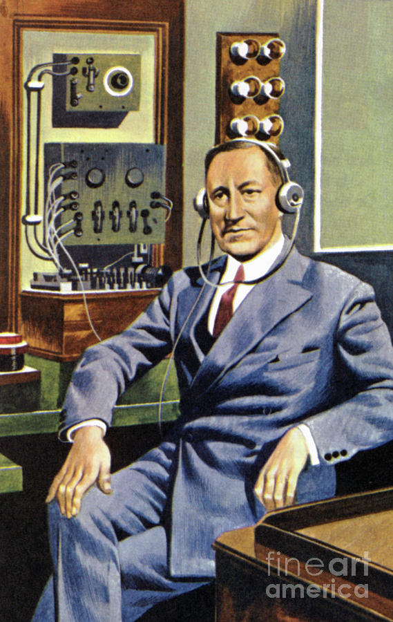 Guglielmo Marconi at his radio transmitter  Painting by Ron Embleton