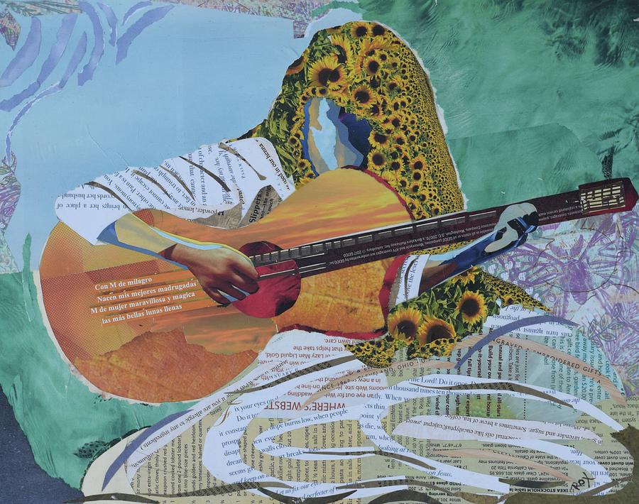 Guitar Still Life Mixed Media - Guitar and Flowers by Roxana Rojas-Luzon
