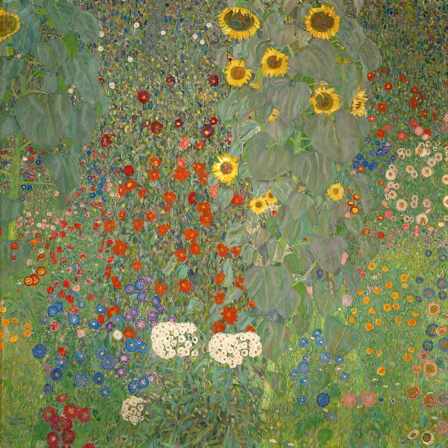 Gustav Klimt / Garden with Sunflowers, c. 1907, Oil on canvas, 110 x 110 cm. Painting by Gustav Klimt -1862-1918- Gustav Klimt / Garden with Sunflowers, c. 1907, Oil on canvas, 110 x 110 cm. Painting by Gustav Klimt -1862-1918-