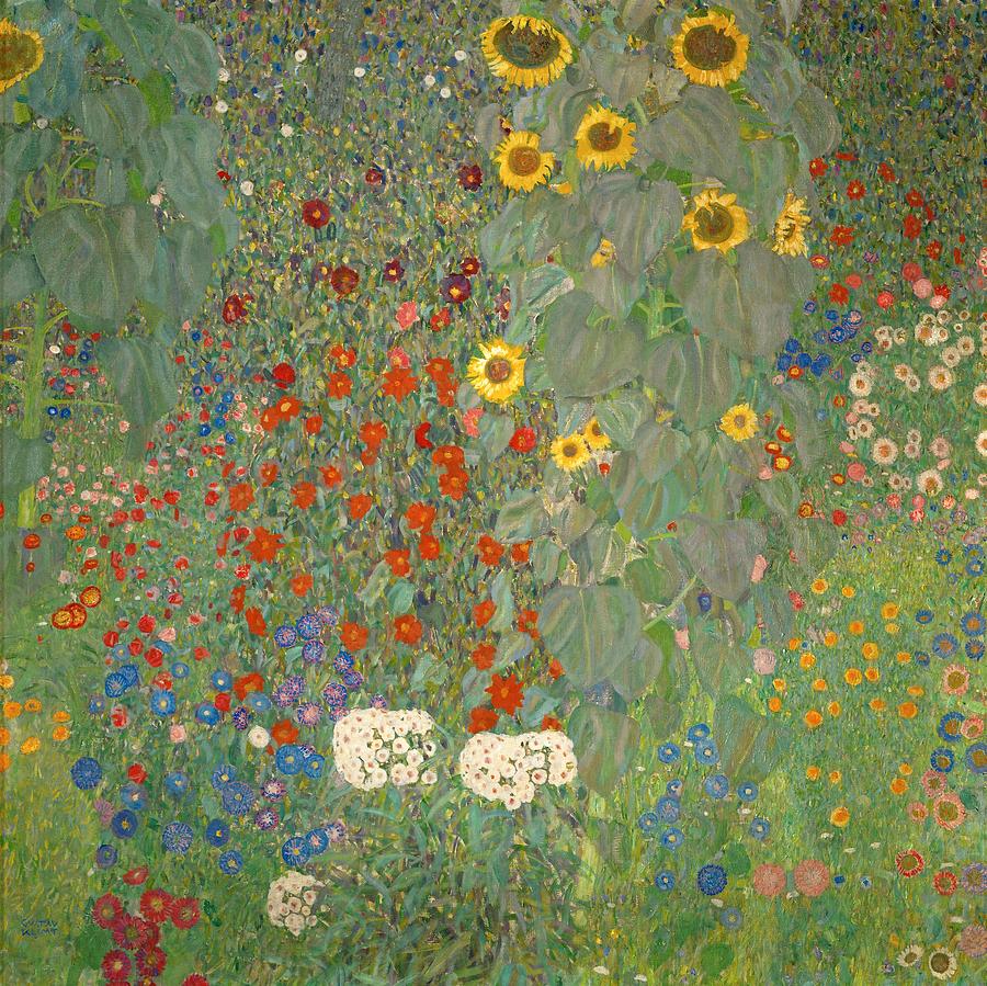 Gustav Klimt / Garden with Sunflowers, c. 1907, Oil on canvas, 110 x 110 cm. Painting by Gustav Klimt -1862-1918-