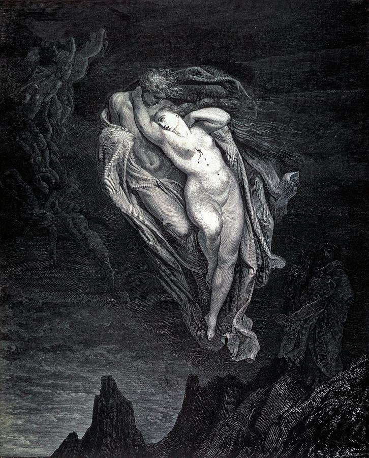 Gustave Dore Paolo and Francesca in the whirlwind of lust and torture, The Divine Comedy, 1861. Drawing by Paul Gustave Dore -1832-1883-