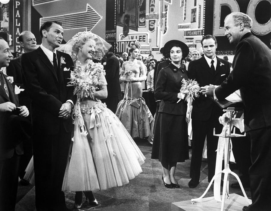 Guys And Dolls Cast Poses With Bouquet In Black And White Photo ...