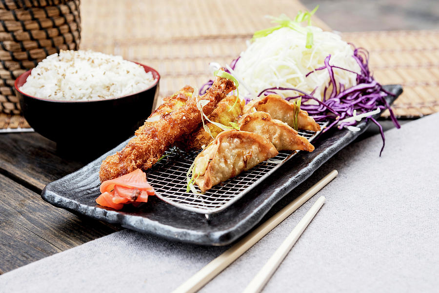 Gyoza And Prawn Katsu Platter Served With Rice japan Photograph by Daniel Ogulewicz