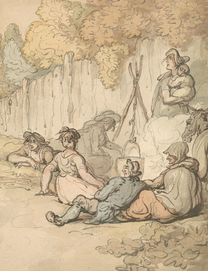 Gypsies Cooking on an Open Fire Drawing by Thomas Rowlandson