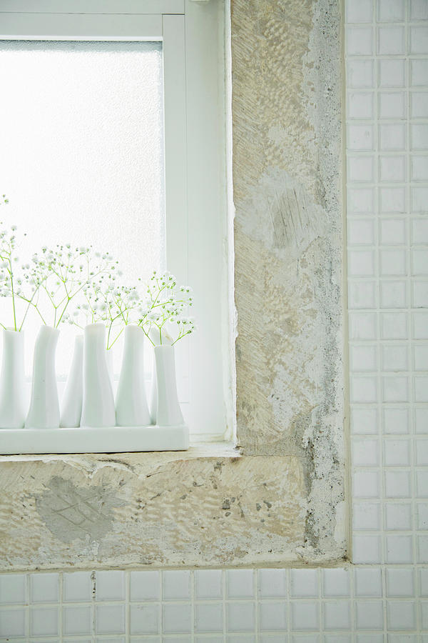 Gypsophila In White Vases On Windowsill Photograph by Miguel Varanda