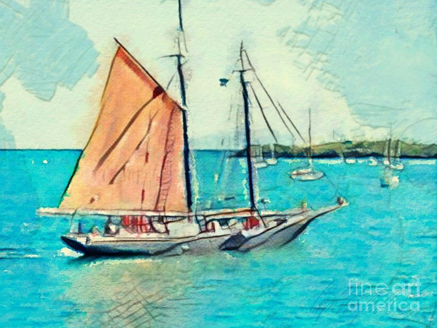 H Roseway Sailing into Harbor - Horizontal Painting by Lyn Voytershark