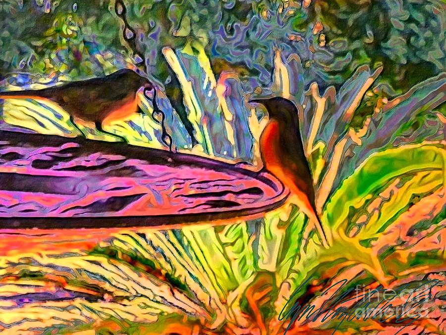 H Sugarbirds Pause at the Feeder - Horizontal  Painting by Lyn Voytershark