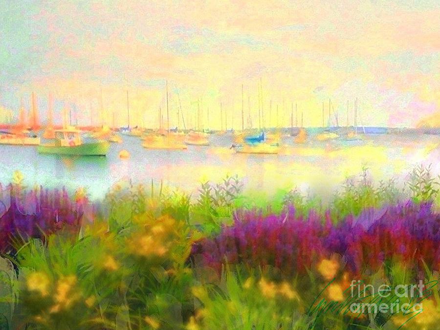 H Yellow Morning Harbor with Flowers - Horizontal  Painting by Lyn Voytershark