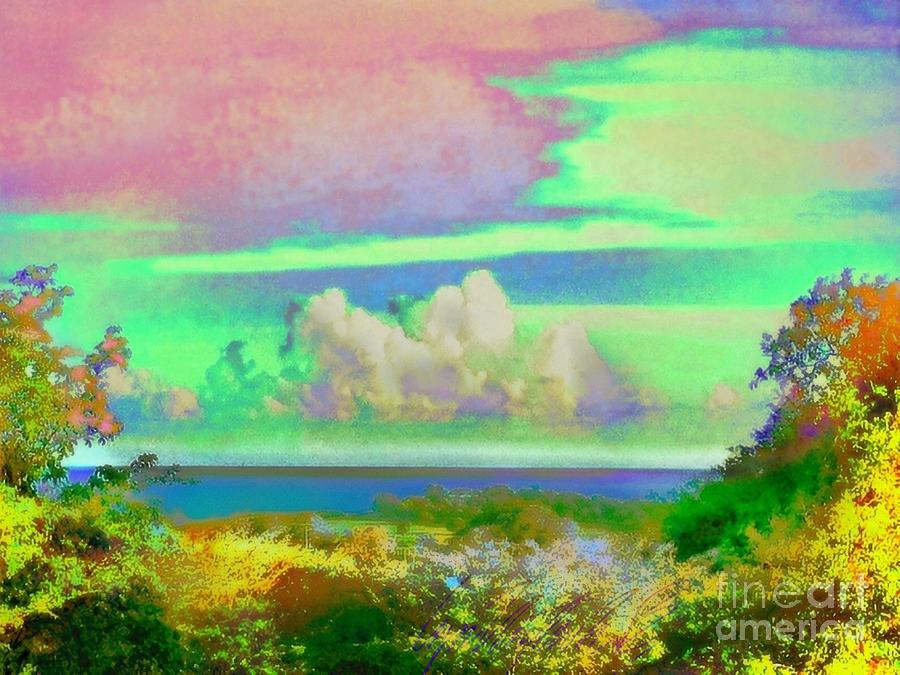 H2 Green and Pink Streaked Sky Over Sea - Horizontal  Painting by Lyn Voytershark