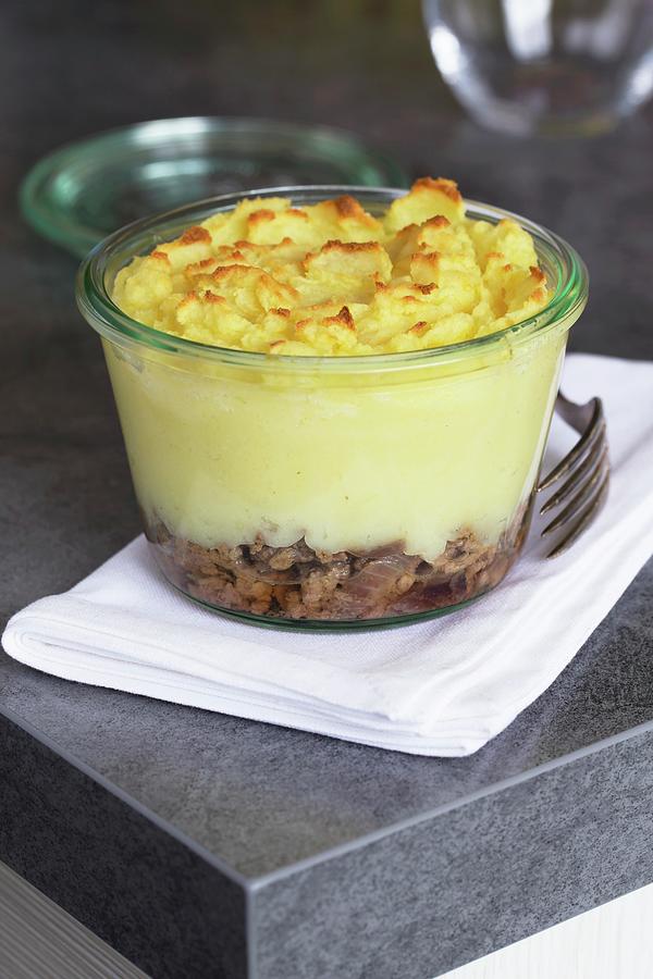 Hachis Parmentier french Mince Meat Bake With Mashed Potato In A Glass Dish Photograph by Lydie Besancon