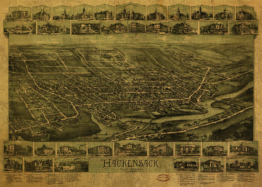 Hackensack New Jersey Vintage City Street Map 1896 Design Turnpike 