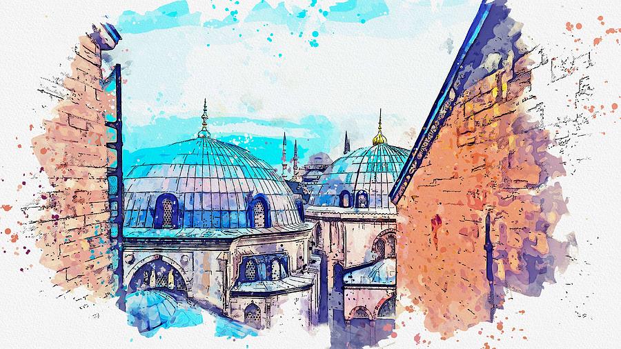 Hagia Sophia Mosque, Istanbul, Turkey -  watercolor by Adam Asar Painting by Celestial Images